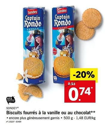 Promotions Biscuits fourrés à la vanille ou au chocolat - Sondey - Valide de 16/04/2018 à 21/04/2018 chez Lidl