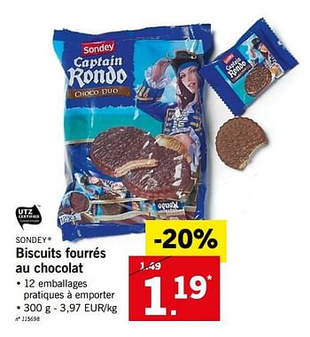 Promoties Biscuits fourrés au chocolat - Sondey - Geldig van 16/04/2018 tot 21/04/2018 bij Lidl