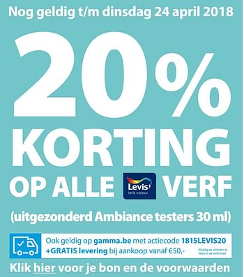 Promoties 20% korting op alle levis verf - Levis - Geldig van 18/04/2018 tot 24/04/2018 bij Gamma