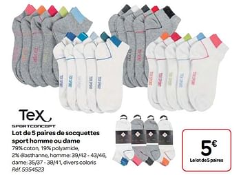 Promoties Lot de 5 paires de socquettes sport homme ou dame - Tex - Geldig van 11/04/2018 tot 23/04/2018 bij Carrefour