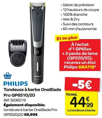 Promotions Philips tondeuse à barbe oneblade pro qp6510-20 - Philips - Valide de 11/04/2018 à 23/04/2018 chez Carrefour