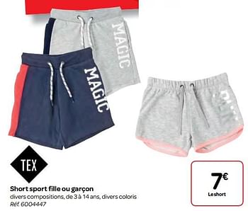 Promotions Short sport fille ou garçon - Tex - Valide de 11/04/2018 à 23/04/2018 chez Carrefour