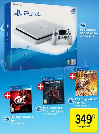Promoties Sony ps4-console 500 gb white + ps4 gran turismo sport + ps4 uncharted the lost legacy + ps4 dragon ball z fighter z - Sony - Geldig van 11/04/2018 tot 23/04/2018 bij Carrefour