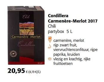 Promotions Cordillera carmenère-merlot 2017 chili partybox - Vins rouges - Valide de 11/04/2018 à 24/04/2018 chez Colruyt