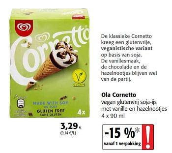 Promoties Ola cornetto vegan glutenvrij soja-ijs met vanille en hazelnootjes - Ola - Geldig van 11/04/2018 tot 24/04/2018 bij Colruyt
