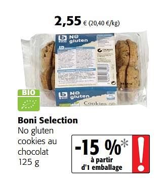 Promotions Boni selection no gluten cookies au chocolat - Boni - Valide de 11/04/2018 à 24/04/2018 chez Colruyt