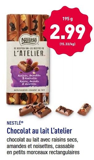 NESTLE L'ATELIER Chocolat au Lait, Raisins, Amandes et Noisettes - 195 g