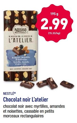 Promotions Chocolat noir l`atelier - Nestlé - Valide de 20/04/2018 à 21/04/2018 chez Aldi