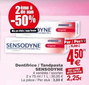 Promotions Dentifrice - tandpasta sensodyne - Sensodyne - Valide de 17/04/2018 à 23/04/2018 chez Cora