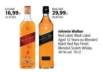 Promotions Johnnie walker red label, black label aged 12 years ou blenders` batch red rye finish blended scotch whisky 40 % - Johnnie Walker - Valide de 11/04/2018 à 24/04/2018 chez Colruyt