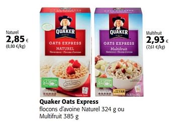Promotions Quaker oats express flocons d`avoine naturel ou multifruit - Quaker - Valide de 11/04/2018 à 24/04/2018 chez Colruyt