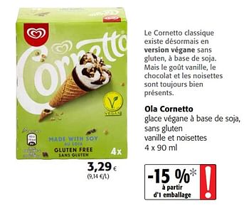 Promotions Ola cornetto glace végane à base de soja, sans gluten vanille et noisettes - Ola - Valide de 11/04/2018 à 24/04/2018 chez Colruyt