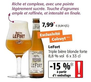 Promotions Lefort triple bière blonde forte - Lefort - Valide de 11/04/2018 à 24/04/2018 chez Colruyt