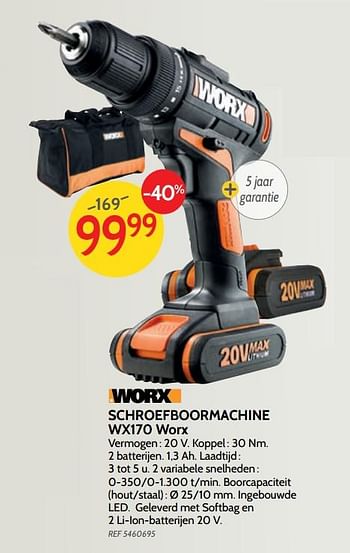 Promoties Schroefboormachine wx170 worx - Worx - Geldig van 18/04/2018 tot 07/05/2018 bij BricoPlanit