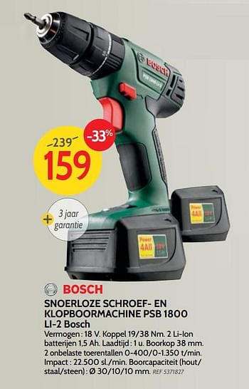 Promotions Snoerloze schroef- en klopboormachine psb 1800 li-2 bosch - Bosch - Valide de 18/04/2018 à 07/05/2018 chez BricoPlanit