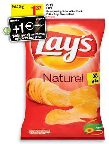 Promoties Chips lay`s naturel, ketchup, barbecue ham, paprika, pickles, burger flavour of giant - Lay's - Geldig van 18/04/2018 tot 24/04/2018 bij Match