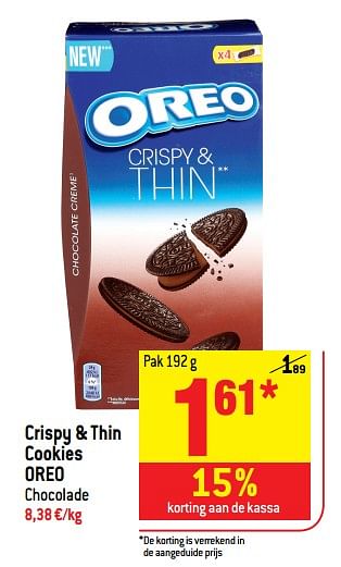 Promoties Crispy + thin cookies oreo chocolade - Oreo - Geldig van 18/04/2018 tot 24/04/2018 bij Match
