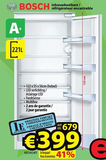 Promoties Bosch inbouwkoelkast - réfrigérateur encastrable kir24v24ff - Bosch - Geldig van 19/04/2018 tot 27/04/2018 bij ElectroStock