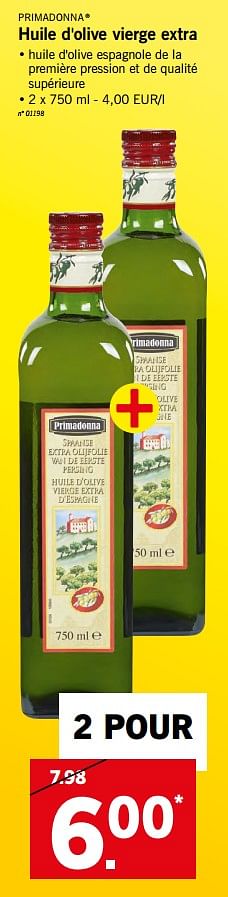 Promoties Huile d`olive vierge extra - Primadonna - Geldig van 22/04/2018 tot 28/04/2018 bij Lidl