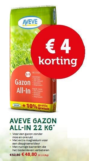 Promotions Aveve gazon all-in 22 kg - Produit maison - Aveve - Valide de 24/04/2018 à 06/05/2018 chez Aveve
