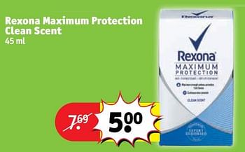 Promotions Rexona maximum protection clean scent - Rexona - Valide de 17/04/2018 à 22/04/2018 chez Kruidvat
