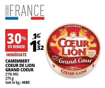 Promotions Camembert coeur de lion grand coeur - Coeur de Lion - Valide de 18/04/2018 à 24/04/2018 chez Auchan Ronq