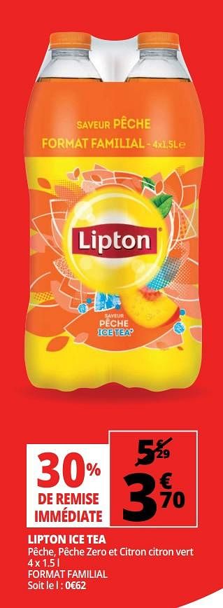 Promoties Lipton ice tea pêche, pêche zero et citron citron vert - Lipton - Geldig van 18/04/2018 tot 24/04/2018 bij Auchan