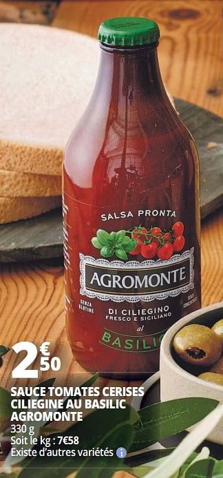 Promotions Sauce tomates cerises ciliegine au basilic agromonte - Agromonte - Valide de 18/04/2018 à 24/04/2018 chez Auchan Ronq
