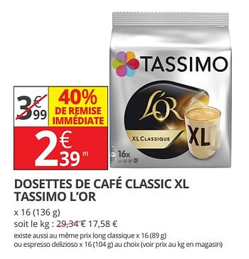 Tassimo Dosettes de café classic xl tassimo l`or - En promotion