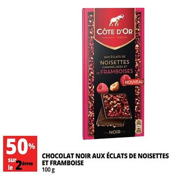 Promotions Chocolat noir aux éclats de noisettes et framboise - Cote D'Or - Valide de 18/04/2018 à 30/04/2018 chez Auchan Ronq