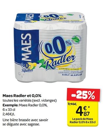 Promotions Maes radler et 0,0% - Maes - Valide de 18/04/2018 à 30/04/2018 chez Carrefour