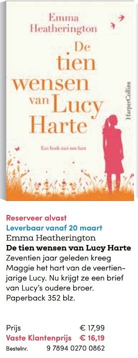 Promoties Emma heatherington de tien wensen van lucy harte - Huismerk - BookSpot - Geldig van 20/03/2018 tot 30/06/2018 bij BookSpot