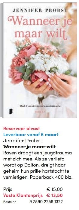Promoties Jennifer probst wanneer je maar wilt - Huismerk - BookSpot - Geldig van 06/03/2018 tot 30/06/2018 bij BookSpot