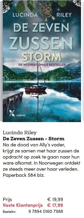Promotions Lucinda riley de zeven zussen - storm - Huismerk - BookSpot - Valide de 16/04/2018 à 30/06/2018 chez BookSpot