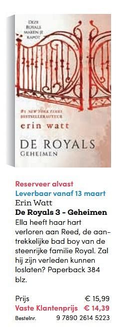 Promoties Erin watt de royals 3 - geheimen - Huismerk - BookSpot - Geldig van 16/04/2018 tot 30/06/2018 bij BookSpot