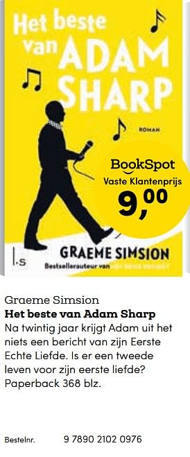 Promoties Graeme simsion het beste van adam sharp - Huismerk - BookSpot - Geldig van 16/04/2018 tot 30/06/2018 bij BookSpot