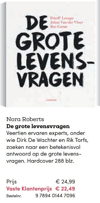 Promoties Nora roberts de grote levensvragen - Huismerk - BookSpot - Geldig van 16/04/2018 tot 30/06/2018 bij BookSpot