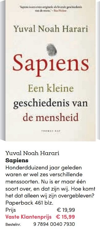 Promoties Yuval noah harari sapiens - Huismerk - BookSpot - Geldig van 16/04/2018 tot 30/06/2018 bij BookSpot