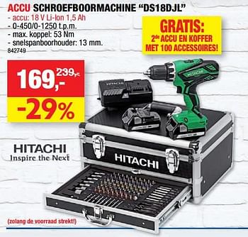 Promoties Hitachi accu schroefboormachine ds18djl - Hitachi - Geldig van 18/04/2018 tot 29/04/2018 bij Hubo