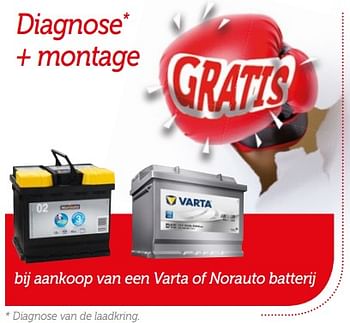 Promoties Gratis diagnose + montage bij aankoop van een varta of norauto batterij - Huismerk - Auto 5  - Geldig van 23/04/2018 tot 21/05/2018 bij Auto 5