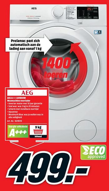 Promoties Aeg a+++ l6fbi94w wasmachine voorlader - AEG - Geldig van 23/04/2018 tot 29/04/2018 bij Media Markt
