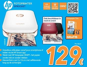 Promoties Hp fotoprinter sprocket - HP - Geldig van 23/04/2018 tot 24/05/2018 bij Krefel