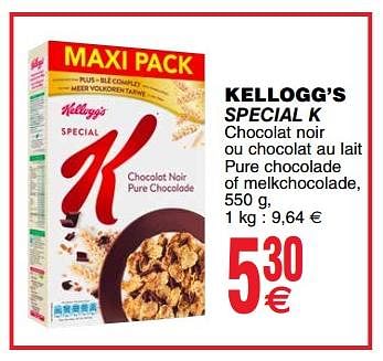 Promoties Kellogg`s special k chocolat noir ou chocolat au lait pure chocolade of melkchocolade - Kellogg's - Geldig van 24/04/2018 tot 30/04/2018 bij Cora