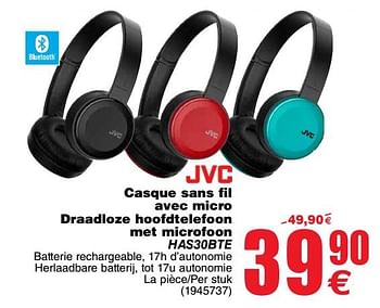 Promoties Jvc casque sans fil avec micro draadloze hoofdtelefoon met microfoon has30bte - JVC - Geldig van 24/04/2018 tot 30/04/2018 bij Cora