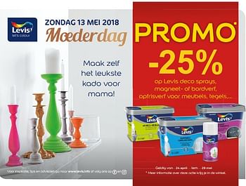 Promoties Promo -25% op levis deco sprays, magneet- of bordverf, opfrisverf voor meubels, tegels - Levis - Geldig van 24/04/2018 tot 29/05/2018 bij Supra Bazar