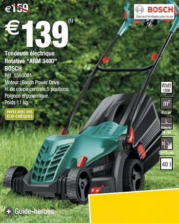 Promotions Tondeuse électrique rotative arm 3400 bosch - Bosch - Valide de 25/04/2018 à 07/05/2018 chez Brico