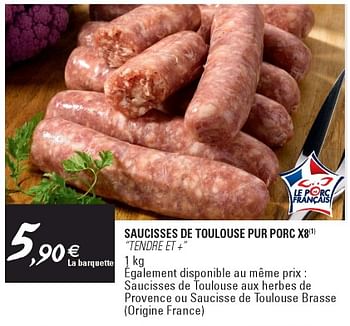 Promoties Saucisses de toulouse pur porc x8 - Huismerk - E.Leclerc - Geldig van 17/04/2018 tot 28/04/2018 bij E.Leclerc