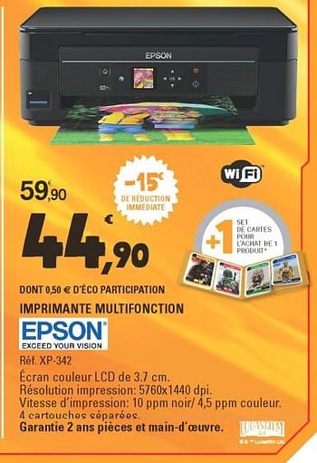 Promotions Epson imprimante multifonction xp-342 - Epson - Valide de 17/04/2018 à 28/04/2018 chez E.Leclerc
