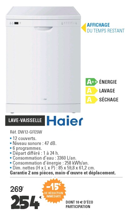 Promotions Haier lave-vaisselle dw12-gfe5w - Haier - Valide de 17/04/2018 à 28/04/2018 chez E.Leclerc
