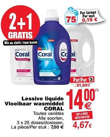 Promoties Lessive liquide vloeibaar wasmiddel coral - Coral - Geldig van 24/04/2018 tot 30/04/2018 bij Cora